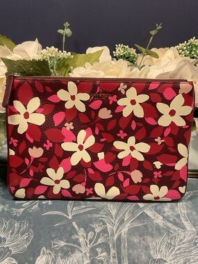 kate spade Red Floral Zip Pouch with Pink & Cream Flowers